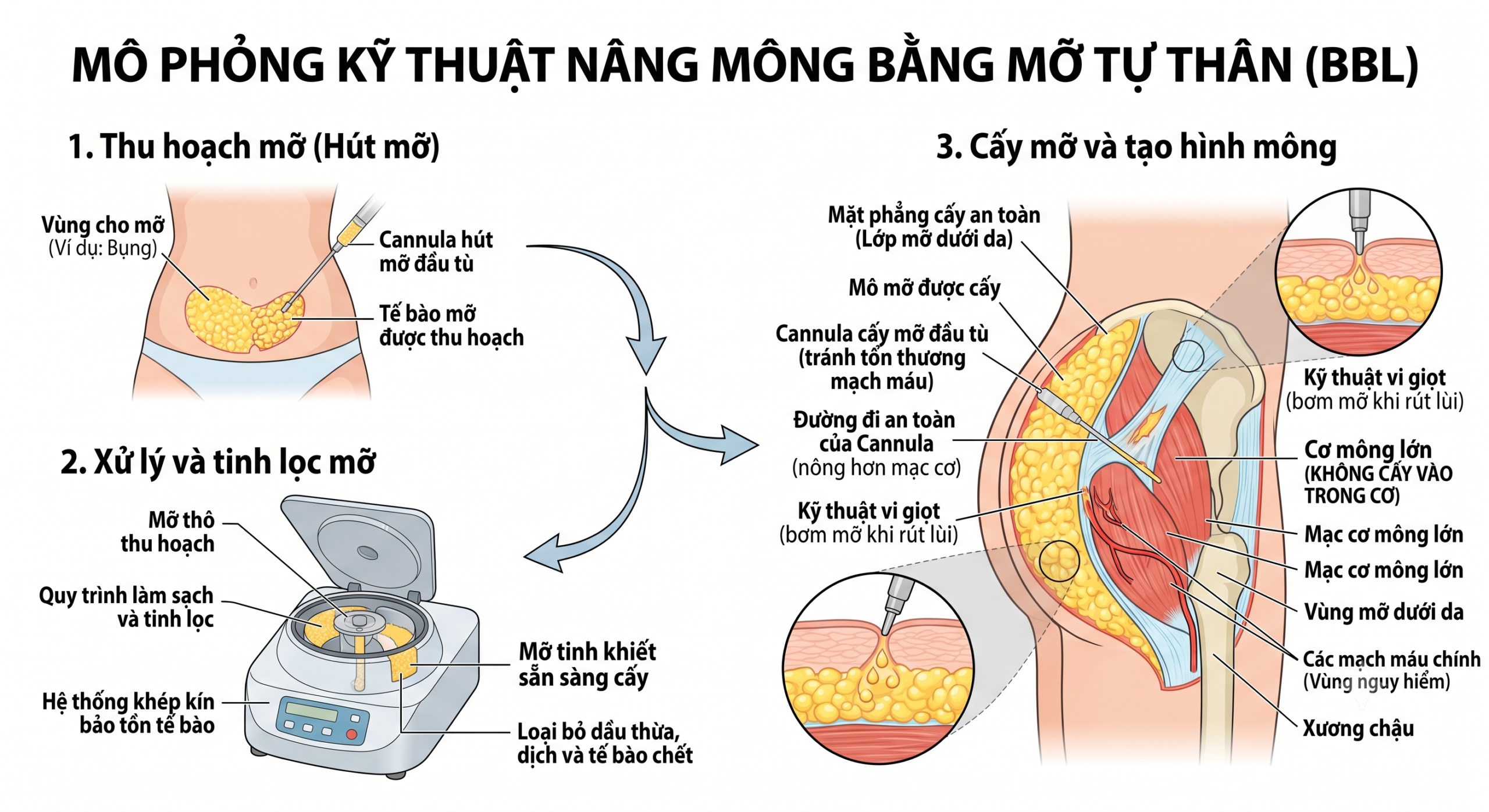 Sơ đồ mô phỏng kỹ thuật nâng mông bằng mỡ tự thân BBL an toàn chuẩn y khoa - Bác sĩ Bảo Anh