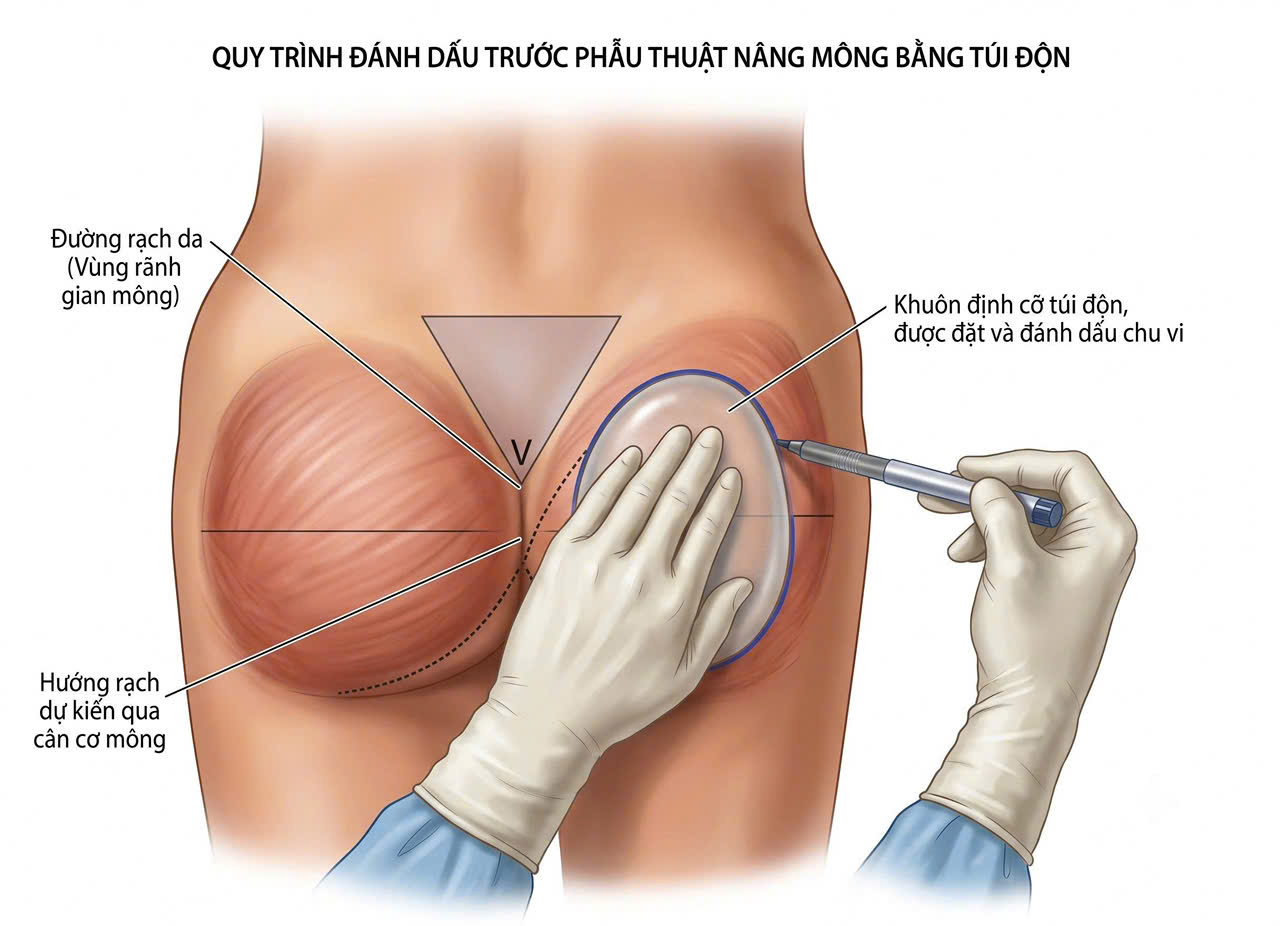Quy trình đánh dấu vị trí an toàn trước phẫu thuật nâng mông bằng túi độn - Bác sĩ Bảo Anh