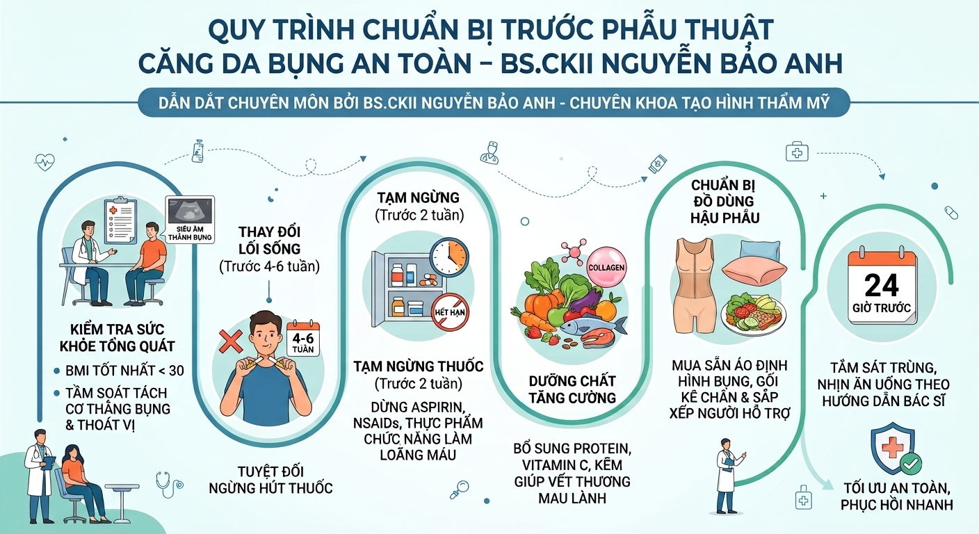 Infographic đồ họa quy trình chuẩn bị trước phẫu thuật căng da bụng an toàn dẫn dắt chuyên môn bởi BS Bảo Anh.