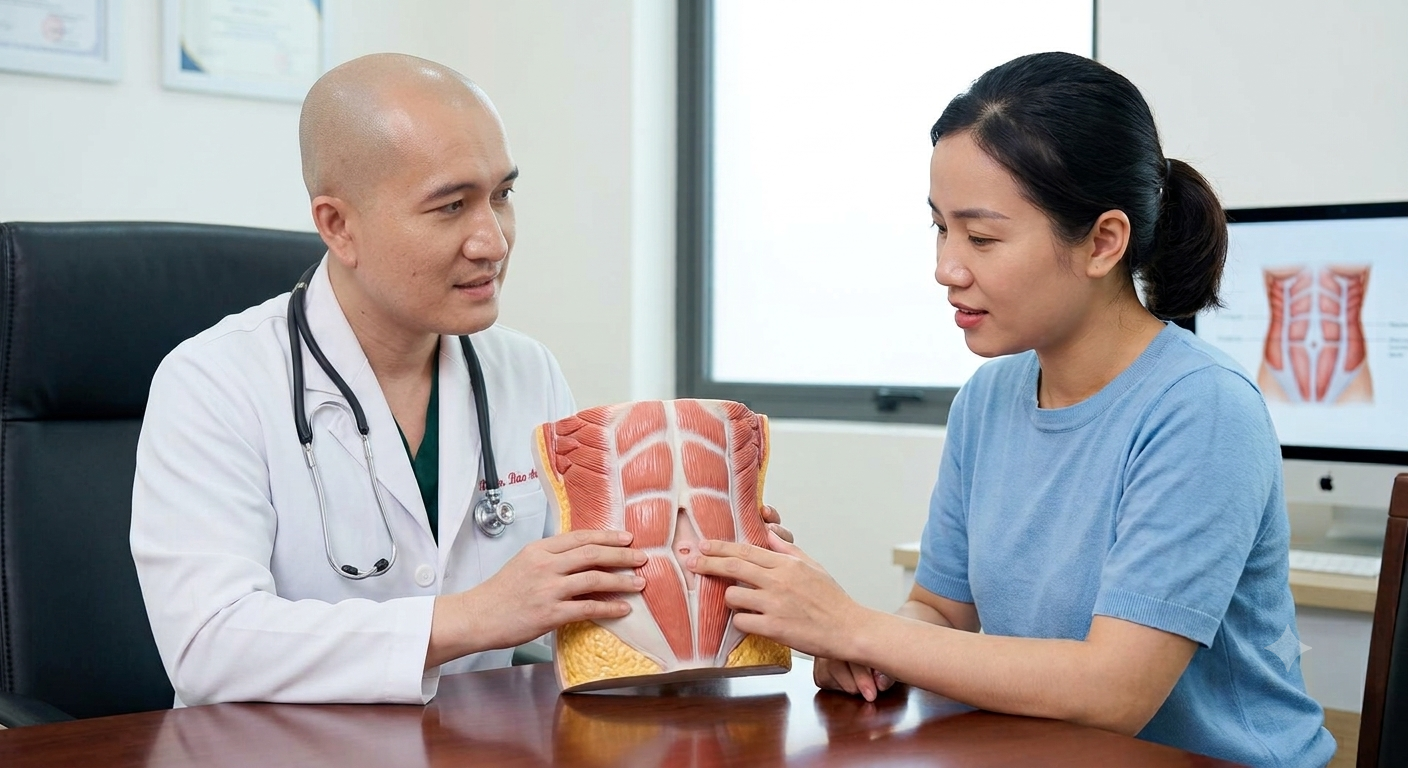 BS Bảo Anh tư vấn kỹ thuật và hướng dẫn khách hàng các bước chuẩn bị trước phẫu thuật căng da bụng