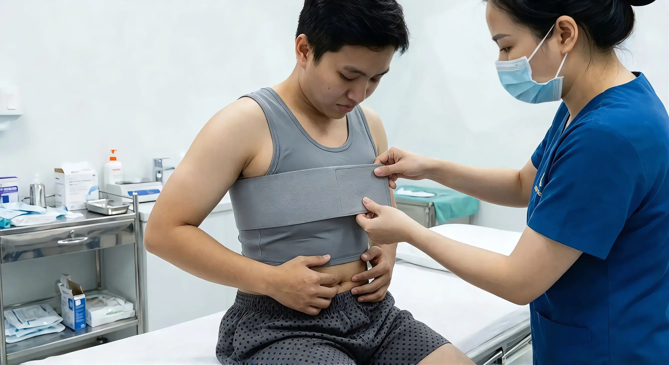 Đội ngũ BS Bảo Anh điều chỉnh băng ép y tế cố định form ngực sau khi cắt ngực transguy